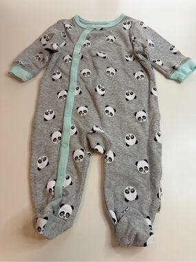 Cherokee Gray Panda Print Footed One-Piece with Mint Trim